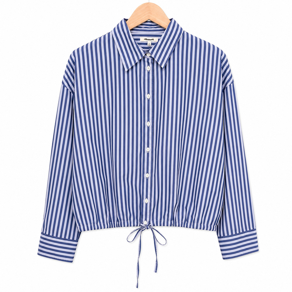 Madewell Drawstring Button Up Shirt Size M Poplin 100% Cotton Blue Stripe NWT